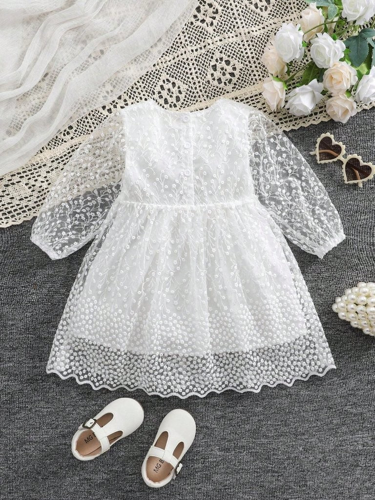 Baby White Side Bow Embroidered Lace Dress