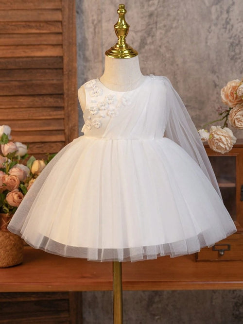 Baby White Elegant 3D Flower Pattern Mesh Dress