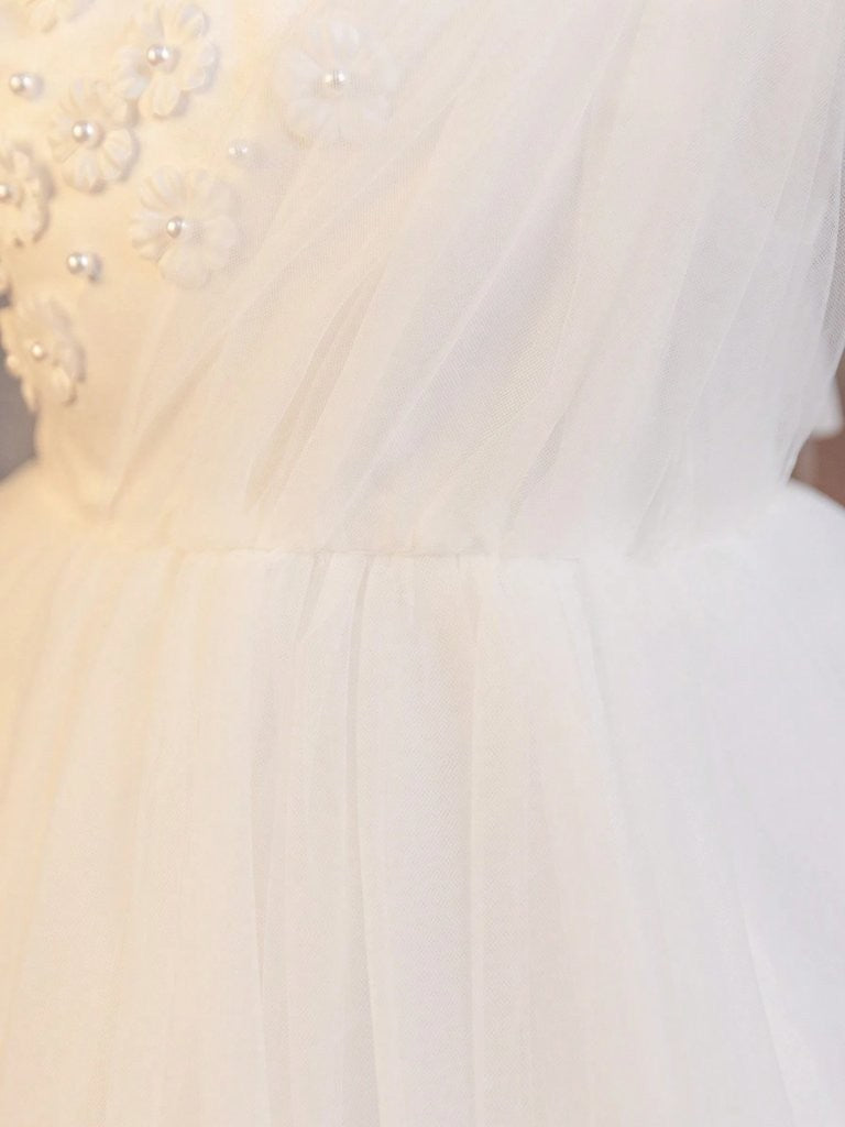 Baby White Elegant 3D Flower Pattern Mesh Dress