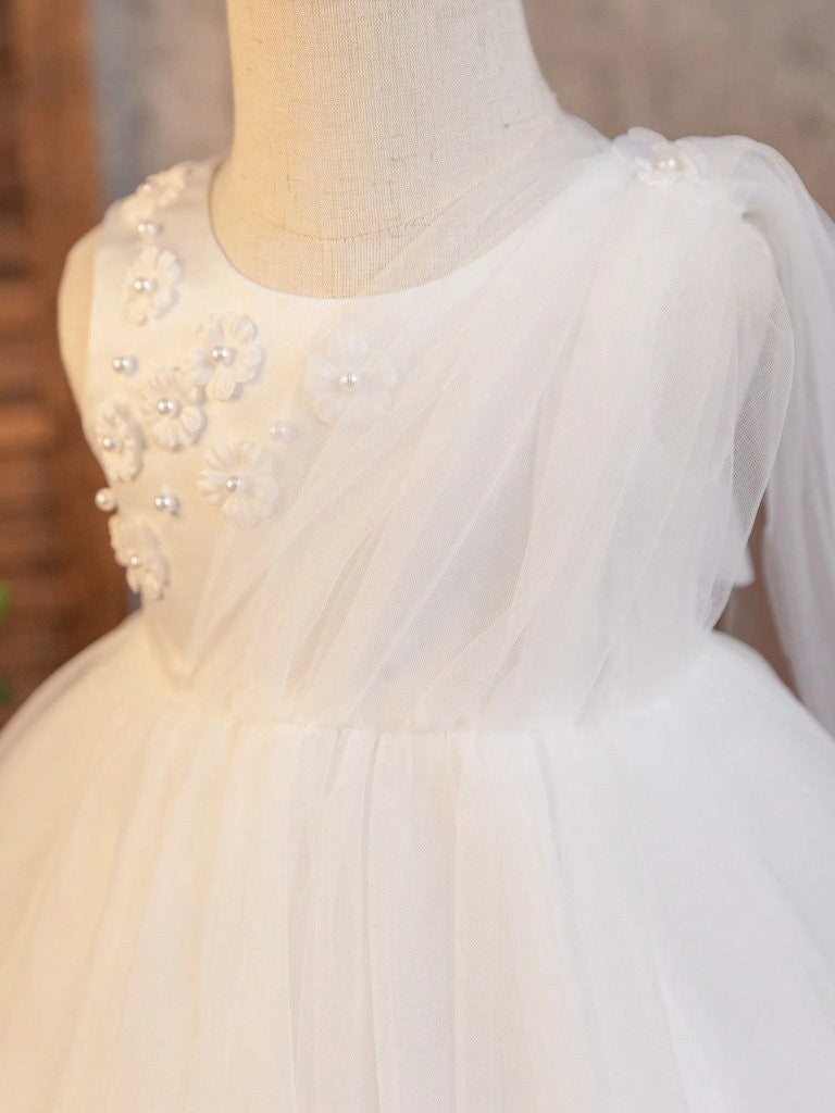 Baby White Elegant 3D Flower Pattern Mesh Dress