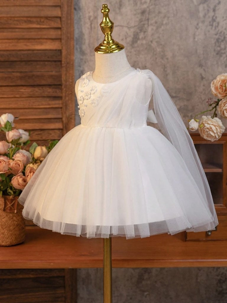 Baby White Elegant 3D Flower Pattern Mesh Dress