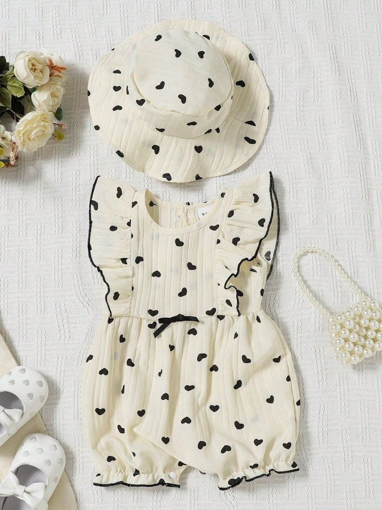 Baby Frilled Heart Romper With Hat