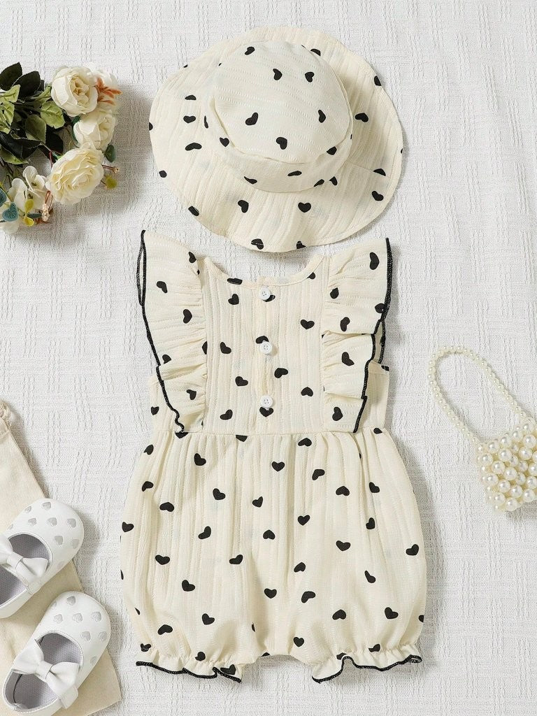 Baby Frilled Heart Romper With Hat