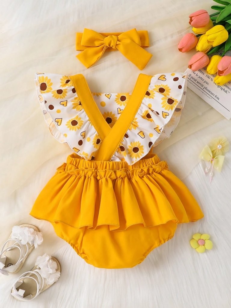 Baby Sunflower Pattern Bodysuit Dress Set