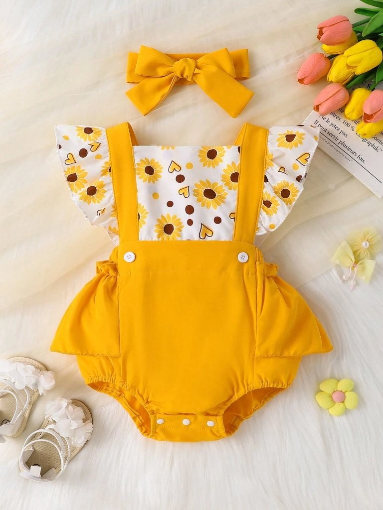 Baby Sunflower Pattern Bodysuit Dress Set