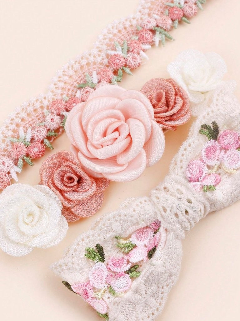 Baby 3 Piece Flower Decor Headband Set Pink