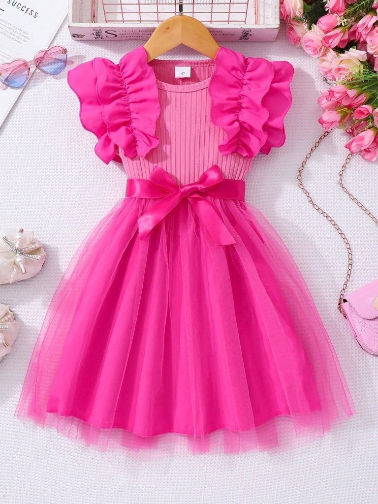 Toddler Girls Frilled Sleeve Hot Pink Dress