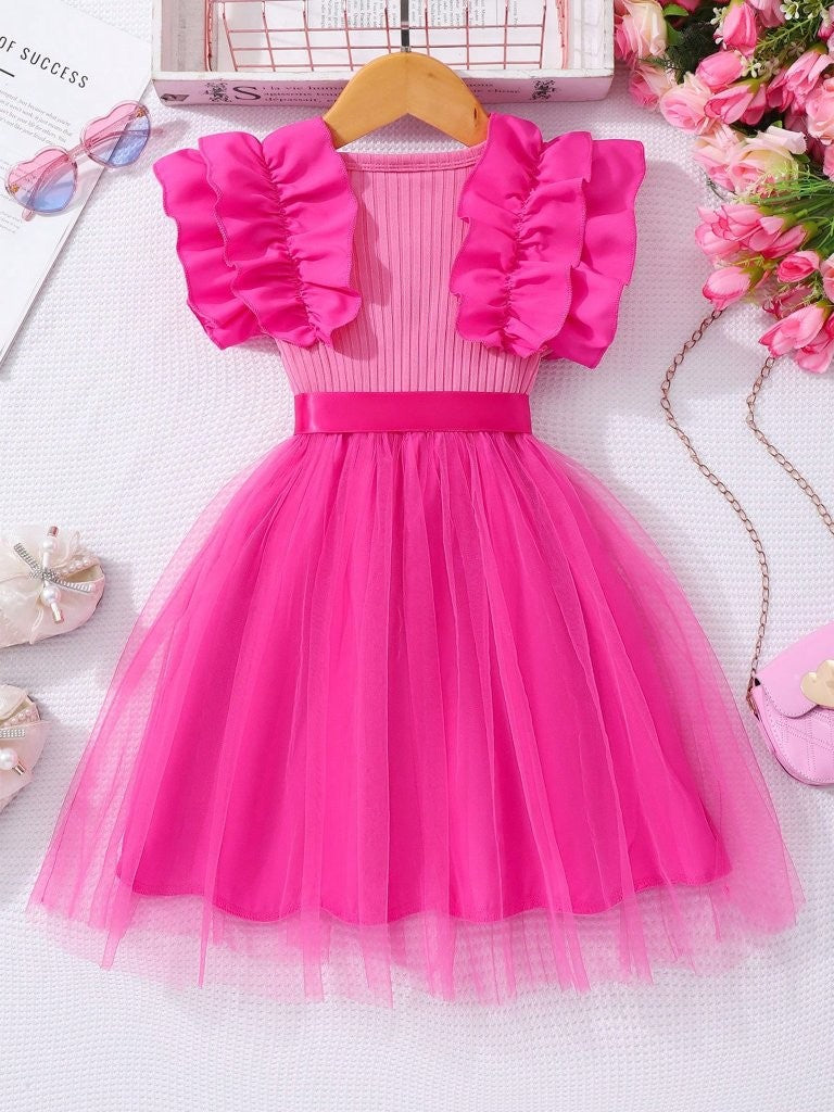 Toddler Girls Frilled Sleeve Hot Pink Dress