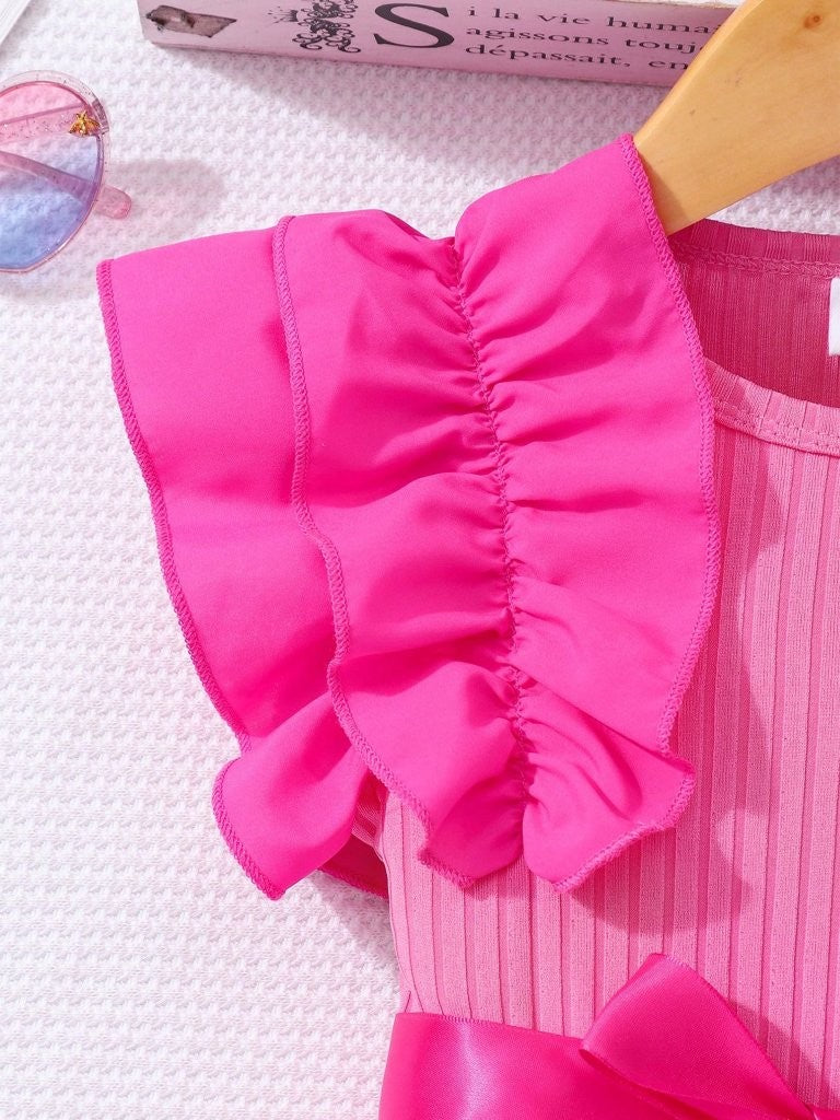 Toddler Girls Frilled Sleeve Hot Pink Dress