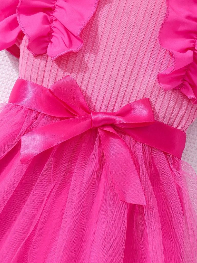 Toddler Girls Frilled Sleeve Hot Pink Dress