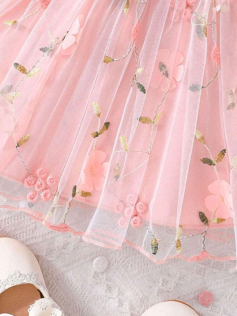 Baby Pink 3D Short Sleeve Flower Dress