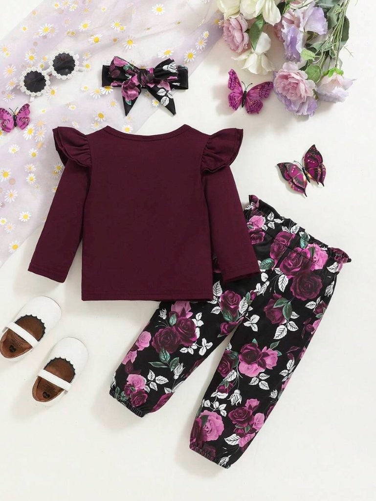 Baby 3 Piece Long Sleeve Top With Floral Pants Set Burgundy