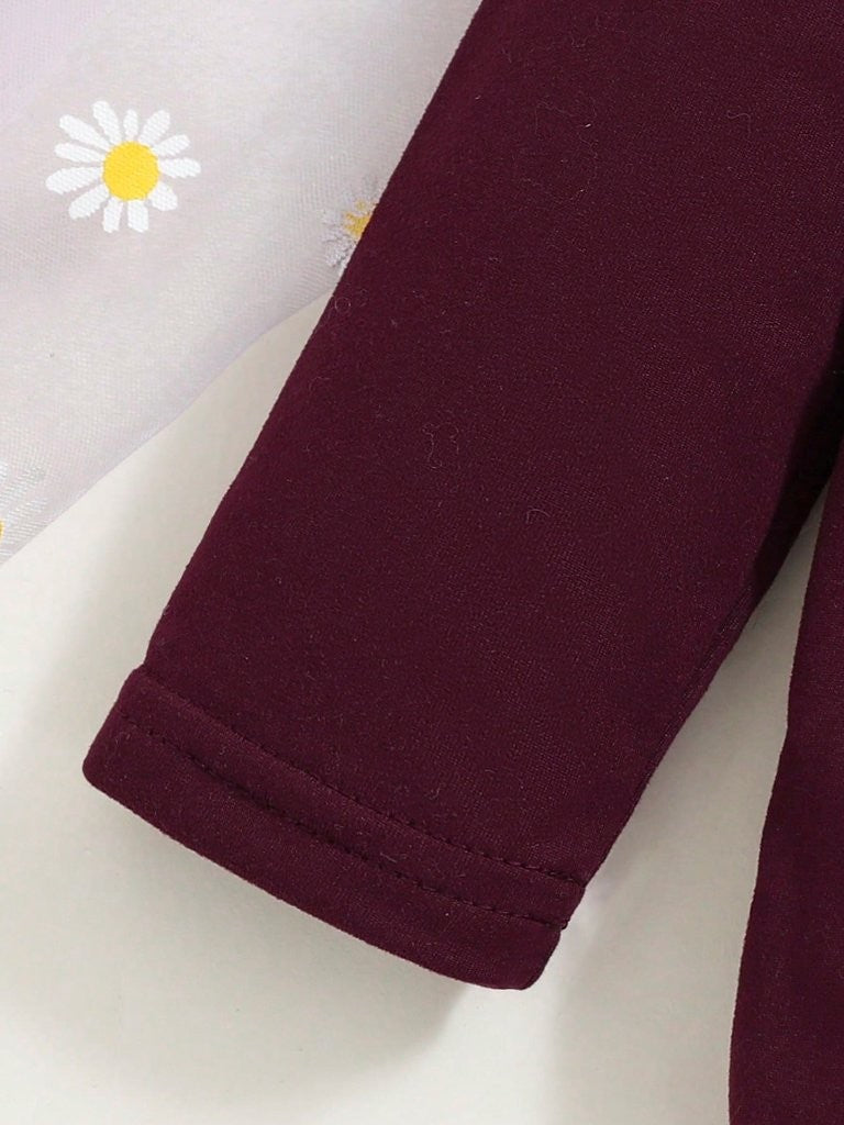Baby 3 Piece Long Sleeve Top With Floral Pants Set Burgundy