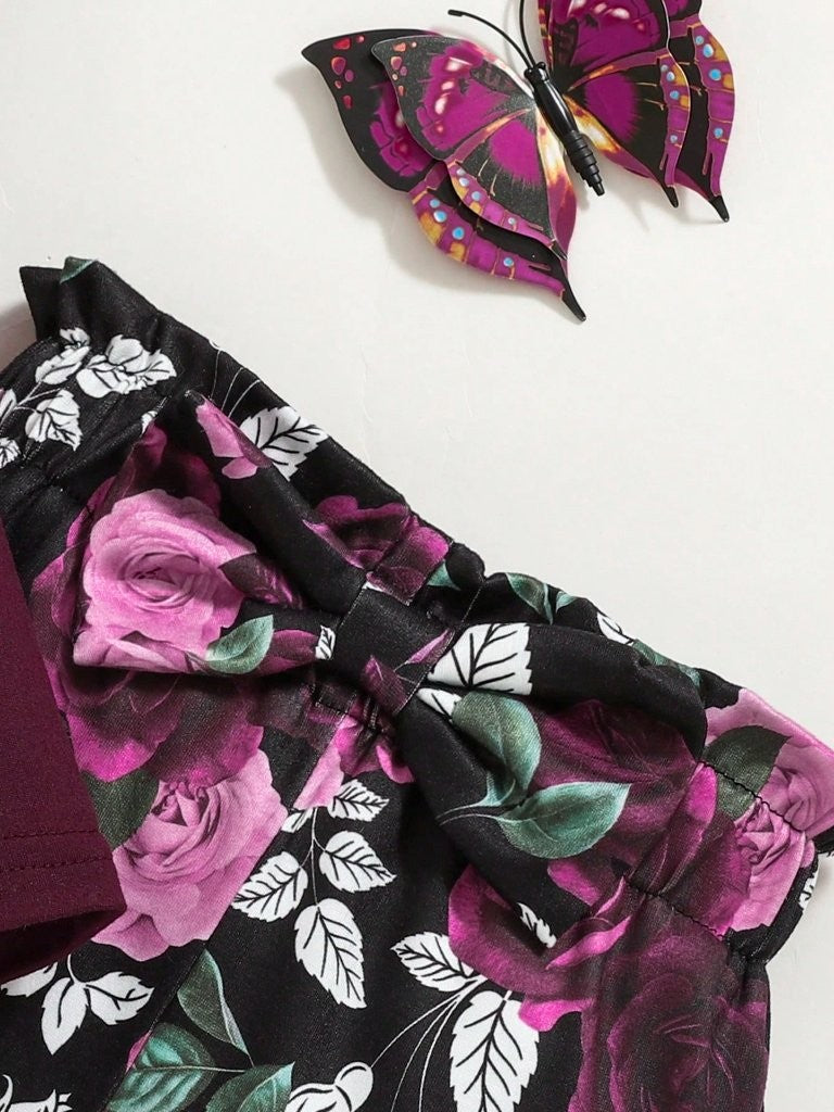 Baby 3 Piece Long Sleeve Top With Floral Pants Set Burgundy