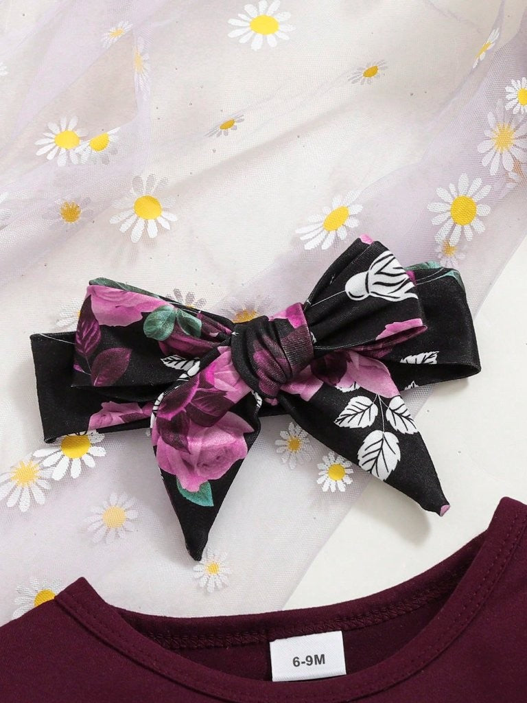 Baby 3 Piece Long Sleeve Top With Floral Pants Set Burgundy