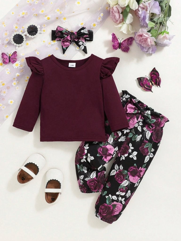 Baby 3 Piece Long Sleeve Top With Floral Pants Set Burgundy