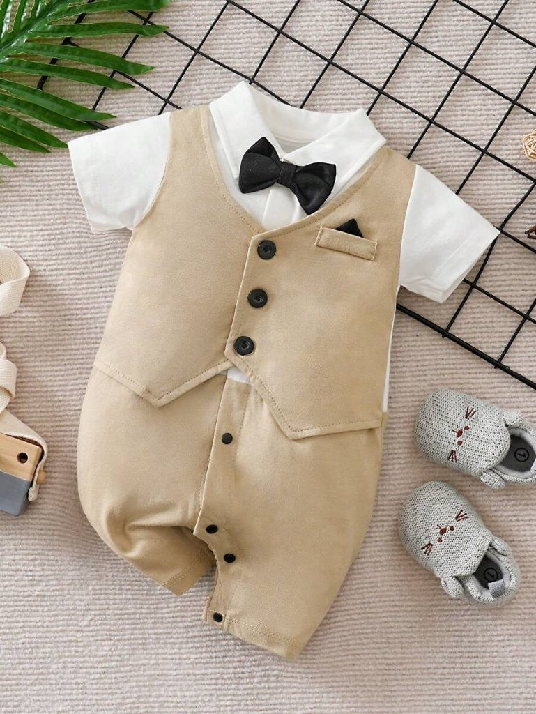 Baby Short Sleeve Bow Tie 2 in 1 Jumpsuit