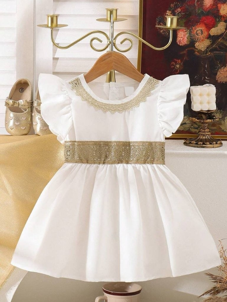 Baby Gold Lace Trim Elegant Dress White