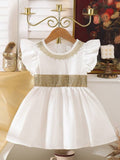 Baby Gold Lace Trim Elegant Dress White