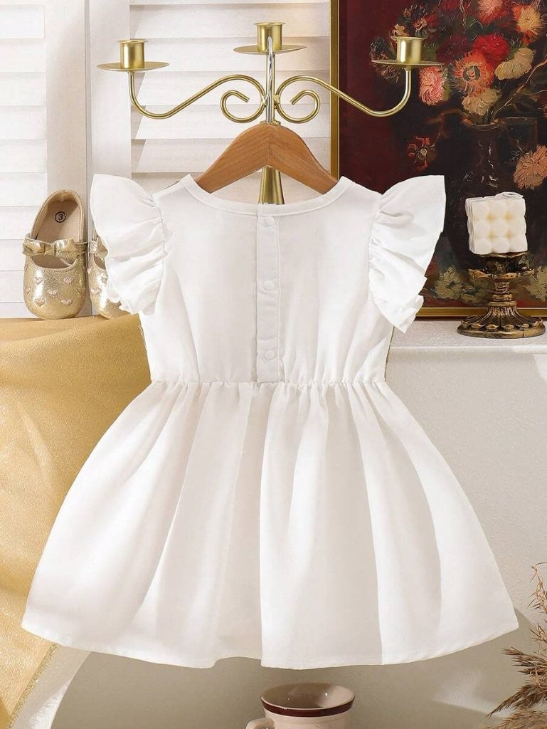 Baby Gold Lace Trim Elegant Dress White