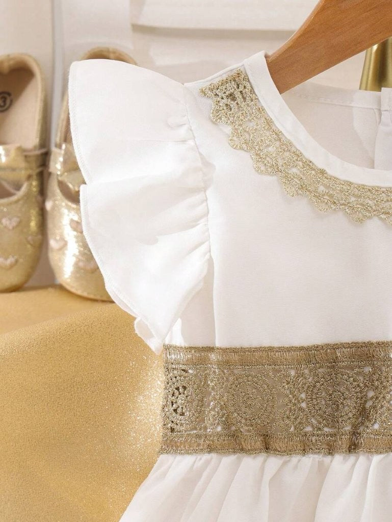 Baby Gold Lace Trim Elegant Dress White