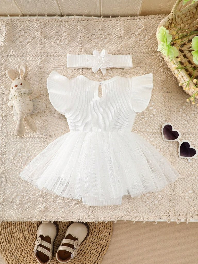 Baby Short Sleeve White Lace Trim Bodysuit Dress Set