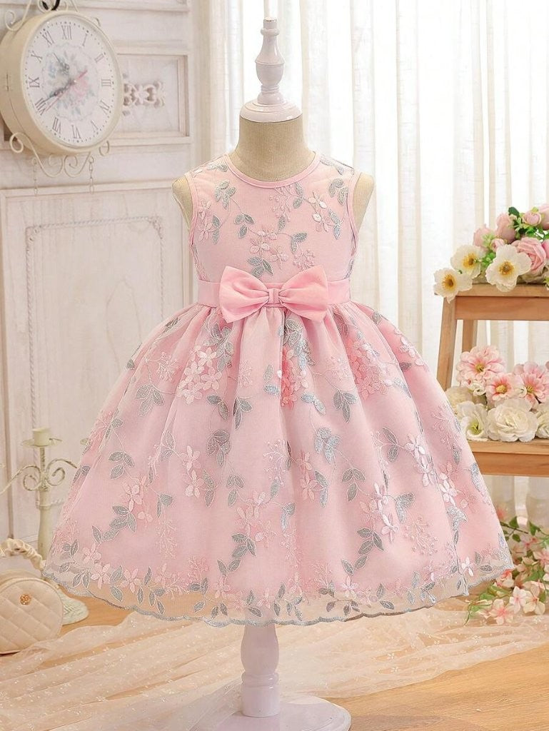 Toddler Girls Front Bow Embroidery Pink Dress