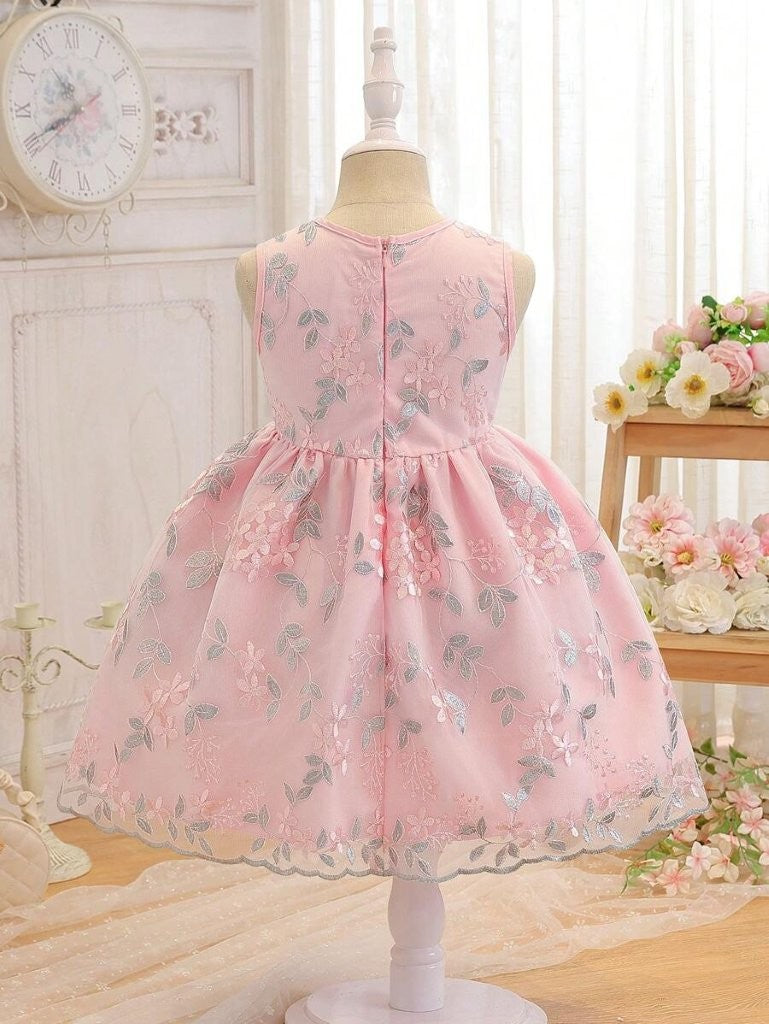 Toddler Girls Front Bow Embroidery Pink Dress