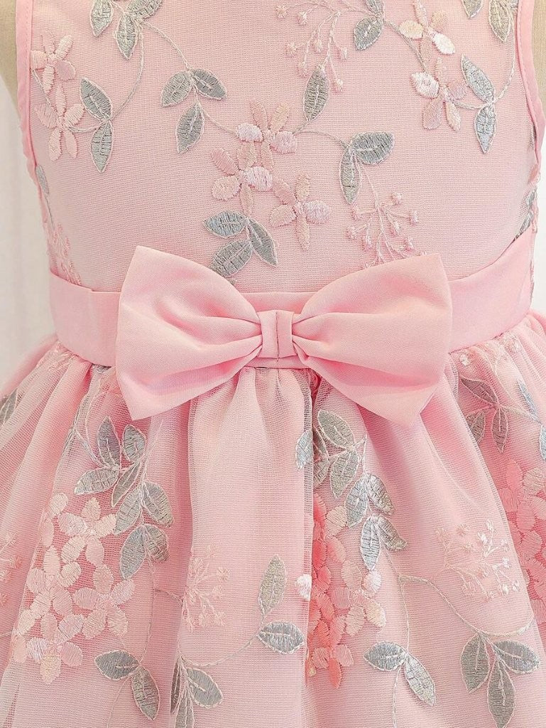 Toddler Girls Front Bow Embroidery Pink Dress