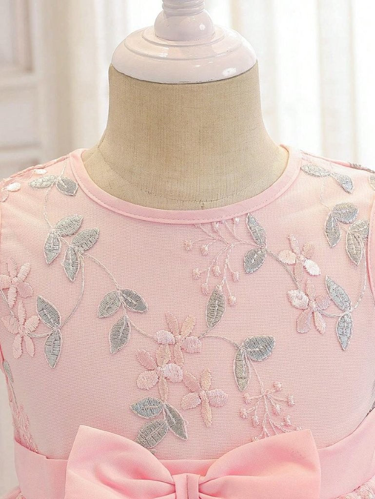Toddler Girls Front Bow Embroidery Pink Dress