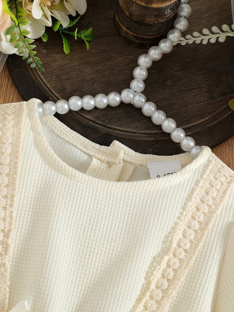 Baby Double Bow Lace Patterned Bodysuit Dress Apricot