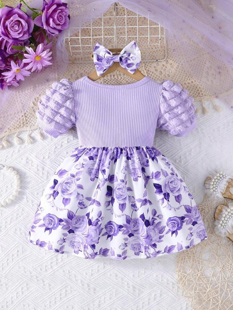 Baby Floral Print Puff Sleeve Purple Dress