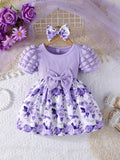 Baby Floral Print Puff Sleeve Purple Dress