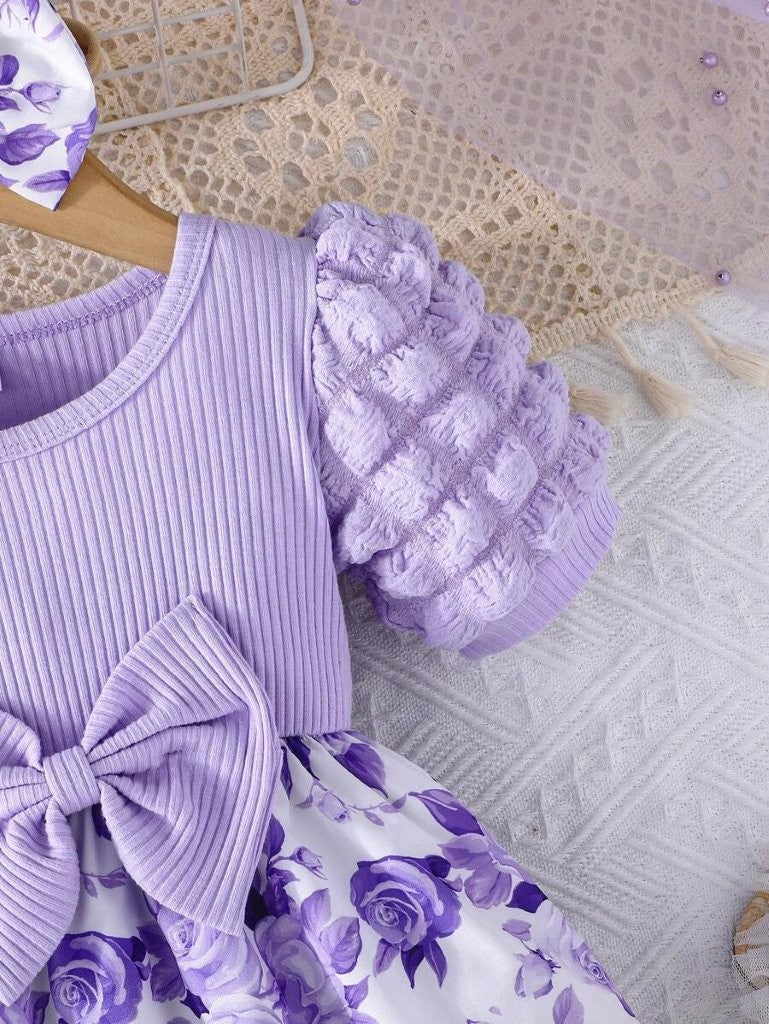 Baby Floral Print Puff Sleeve Purple Dress
