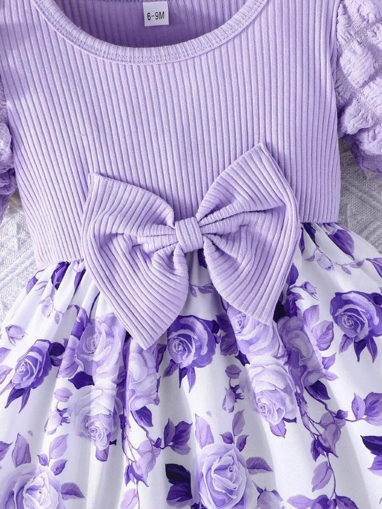 Baby Floral Print Puff Sleeve Purple Dress