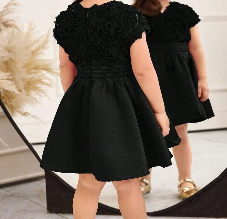 Baby 3D Rose Pattern V Neck Dress Black