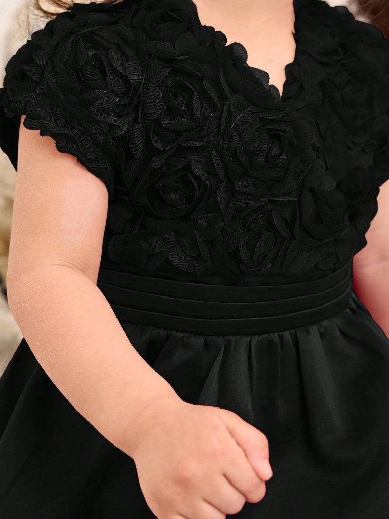 Baby 3D Rose Pattern V Neck Dress Black