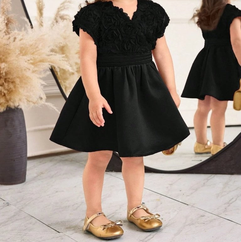 Baby 3D Rose Pattern V Neck Dress Black