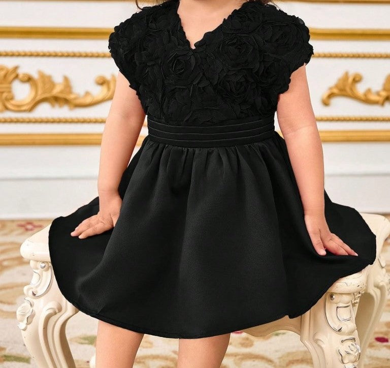 Baby 3D Rose Pattern V Neck Dress Black