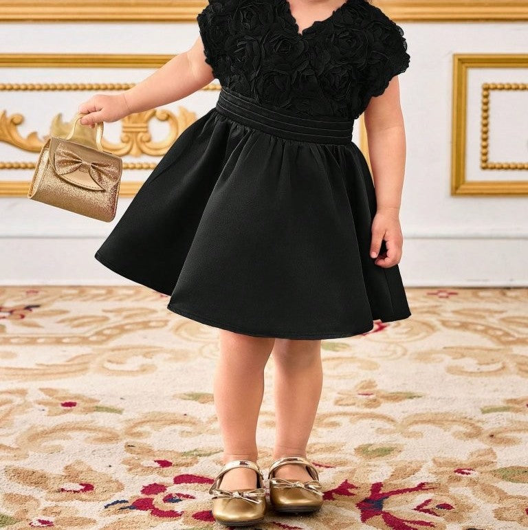 Baby 3D Rose Pattern V Neck Dress Black