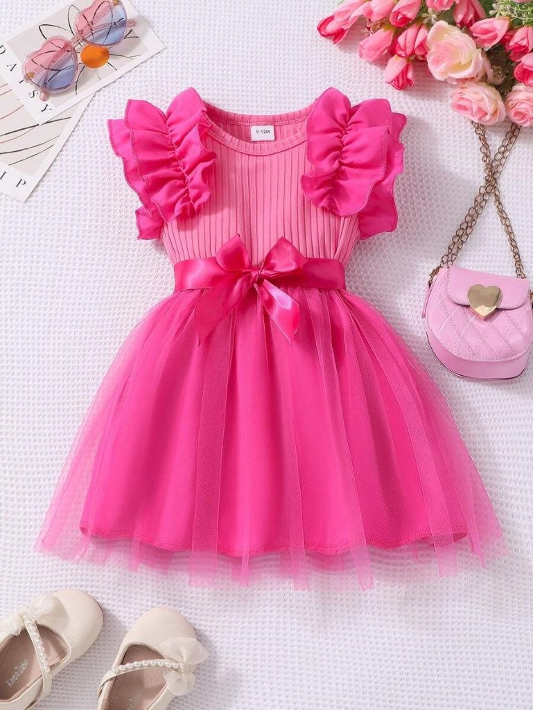 Baby Hot Pink Frilled Sleeve Tulle Dress