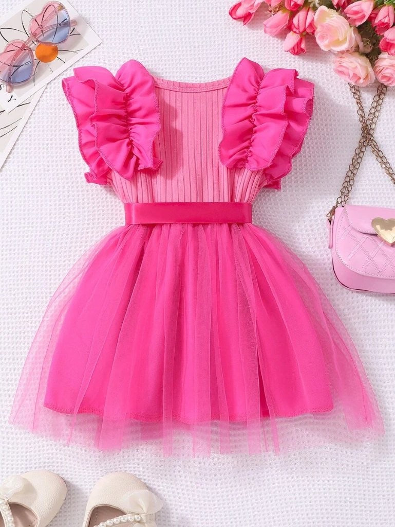 Baby Hot Pink Frilled Sleeve Tulle Dress