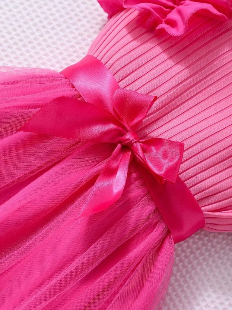 Baby Hot Pink Frilled Sleeve Tulle Dress