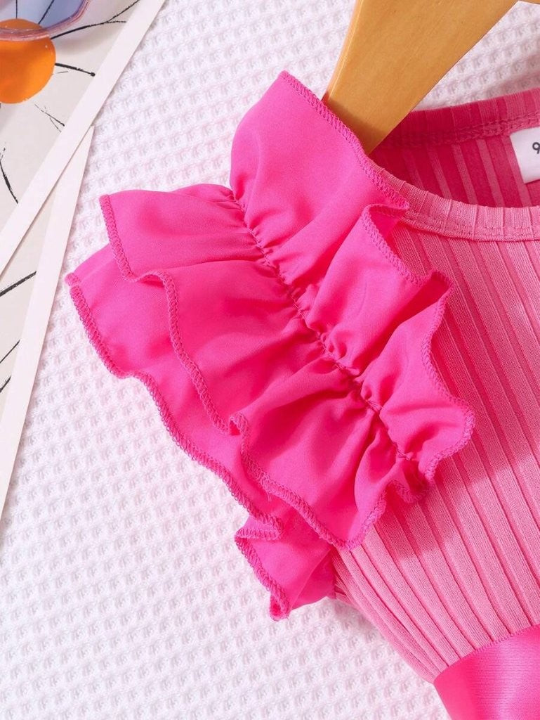 Baby Hot Pink Frilled Sleeve Tulle Dress