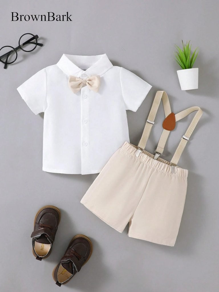 Baby 3 Piece Bow Tie Short Sleeve Suspender Outfit Apricot