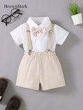 Baby 3 Piece Bow Tie Short Sleeve Suspender Outfit Apricot