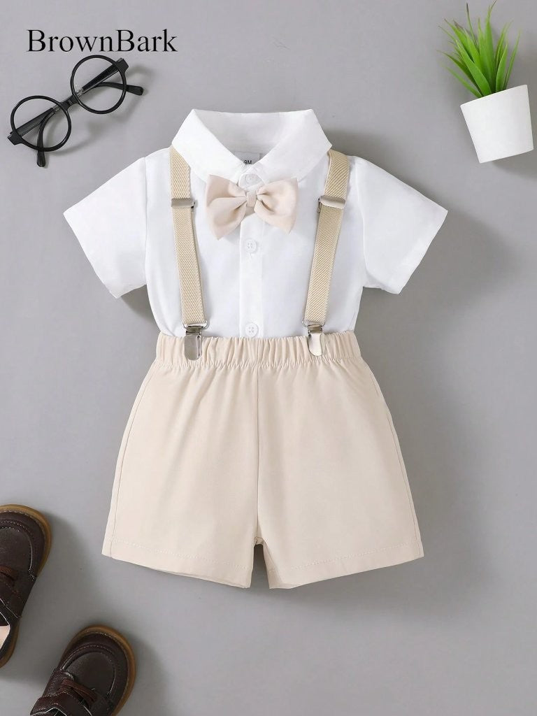 Baby 3 Piece Bow Tie Short Sleeve Suspender Outfit Apricot