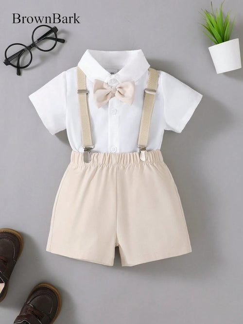 Baby 3 Piece Bow Tie Short Sleeve Suspender Outfit Apricot