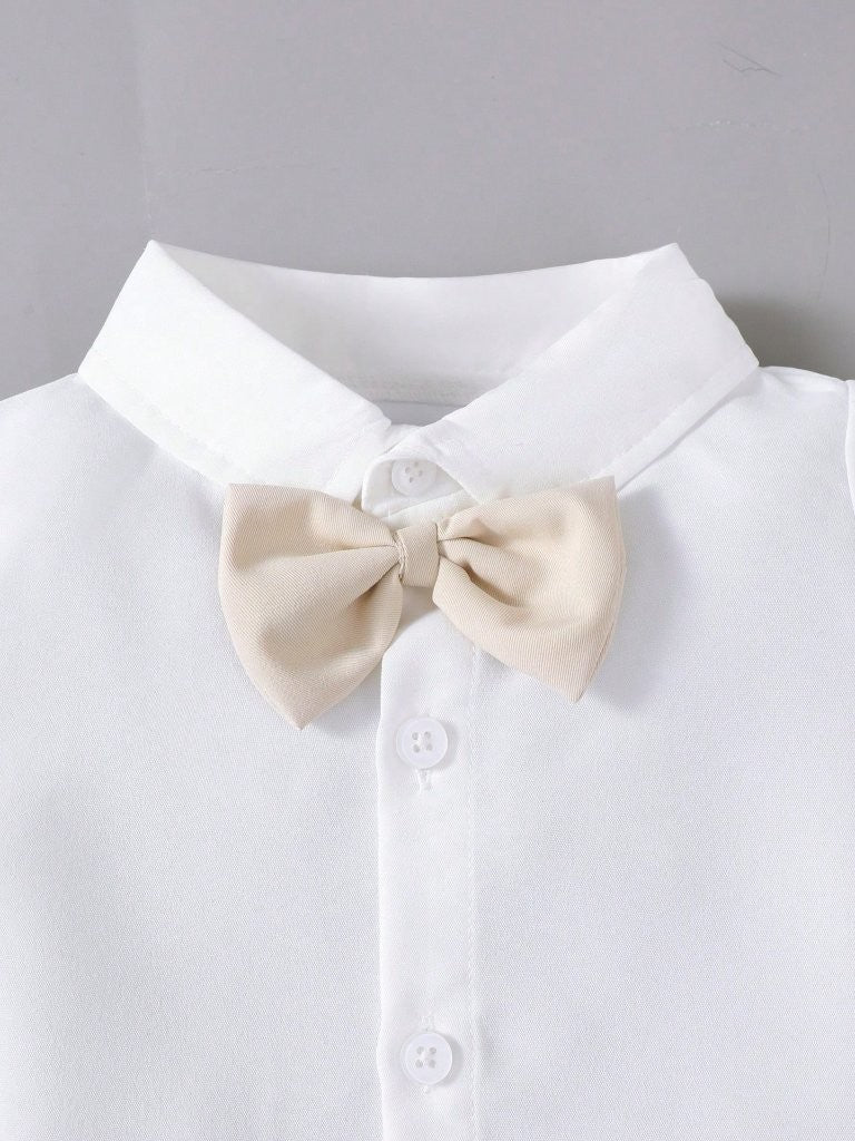 Baby 3 Piece Bow Tie Short Sleeve Suspender Outfit Apricot