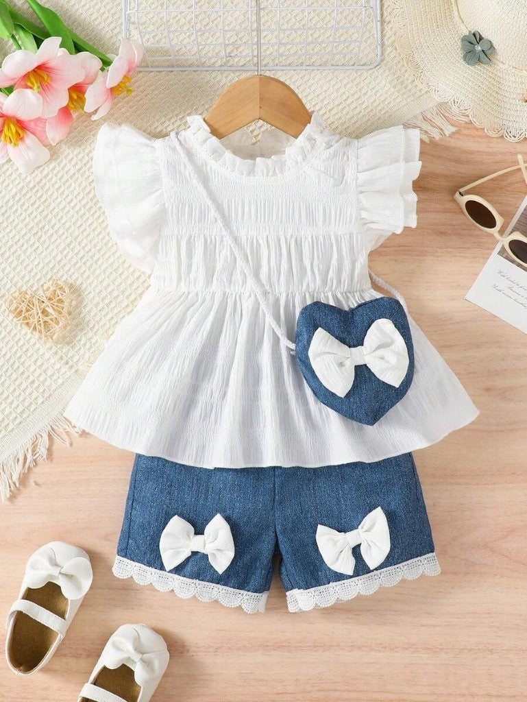 Baby 3 Piece Fashion Ruffle Top And Shorts With Bag Set